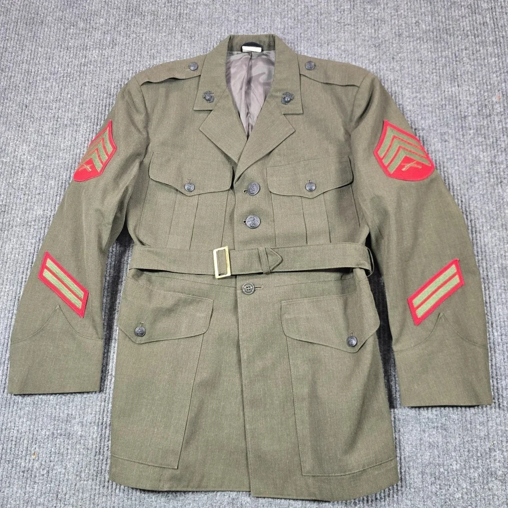 WWII Era USMC Enlisted Service Coat 44S Wool Sgt‎ Chevron Patches Green Vintage